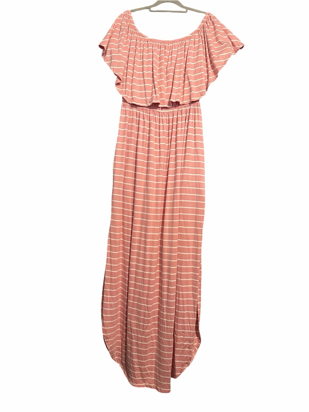SWEET LOVELY BY JENN on or off shoulder Pink striped maxi dress pockets slits